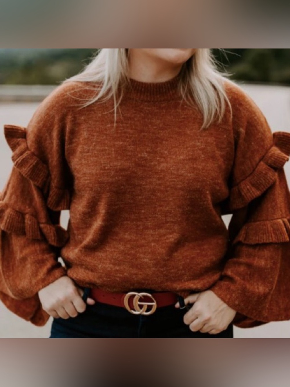 Mudpie Burnt Orange Rust Bell Sleeve Ruffle Sweater